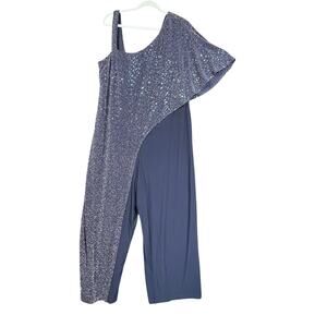 Jumpsuit Womens Size XL Navy Blue Sequin One Shoulder Cape Wide Leg Formal